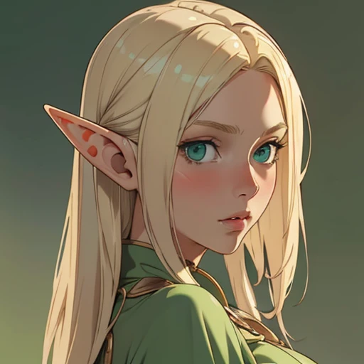 (masterpiece), (best quality),(portrait),(bust up),1girl,solo,(sharp focus),(look at viewer),elf,blonde hair,(elf girl) ,green eyes, (ancient girl:1), ancient luxurious long clothes,old school fantasy art,((simple background)),super shiny skin,Ultra Glossy face,lighting from front