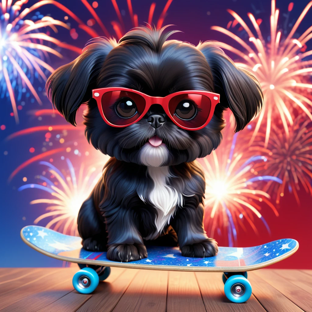 Adorable small black Shih Tzu puppy wearing red sunglasses riding a skateboard, red white and blue firework background 3d cartoon, 3d render, disney pixar style