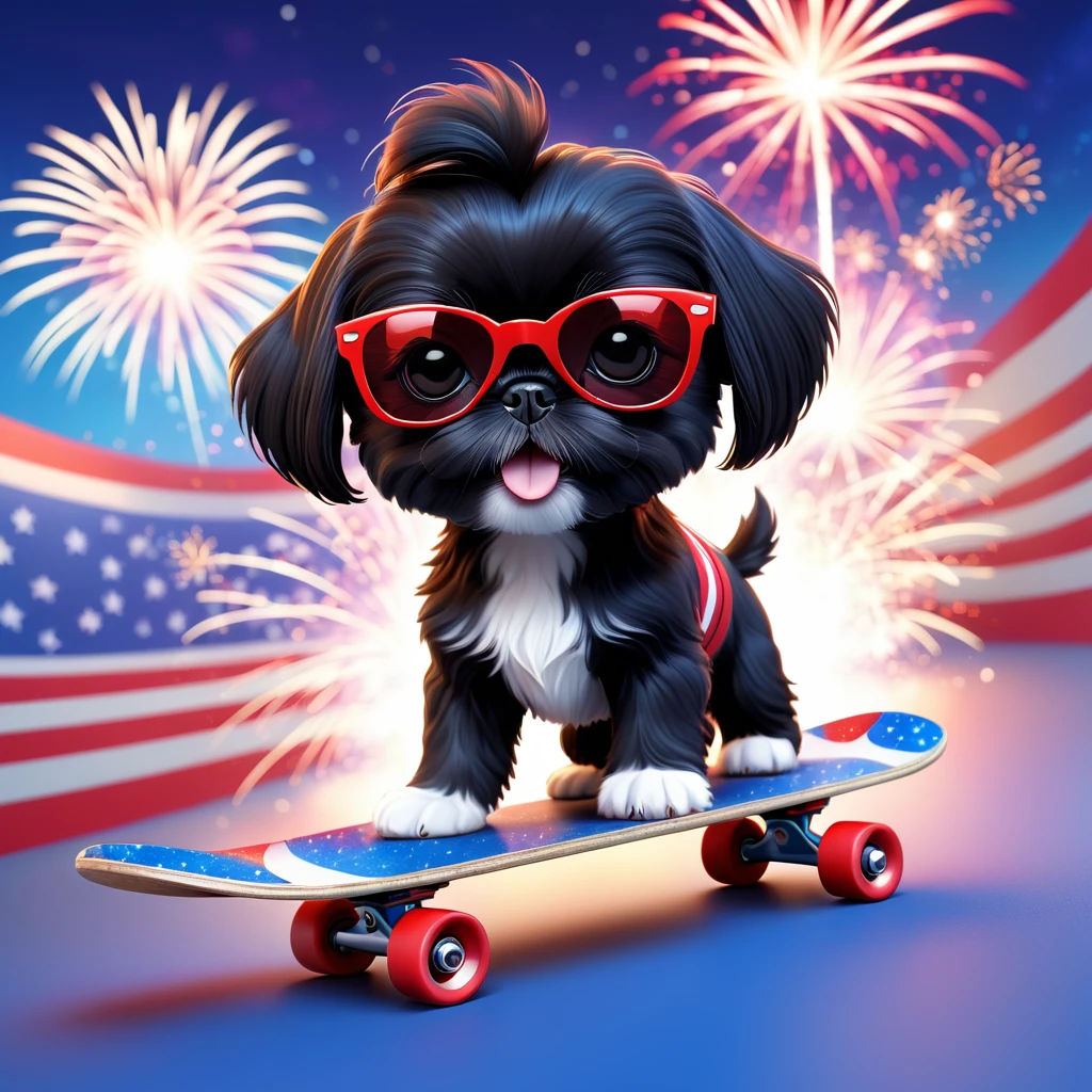Adorable small black Shih Tzu puppy wearing red sunglasses riding a skateboard, red white and blue firework background 3d cartoon, 3d render, disney pixar style