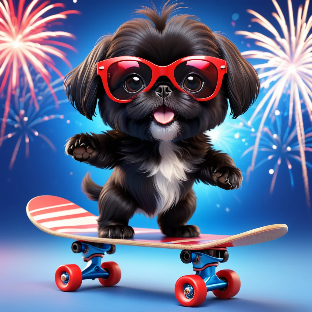 Adorable small black Shih Tzu puppy wearing red sunglasses riding a skateboard, red white and blue firework background 3d cartoon, 3d render, disney pixar style