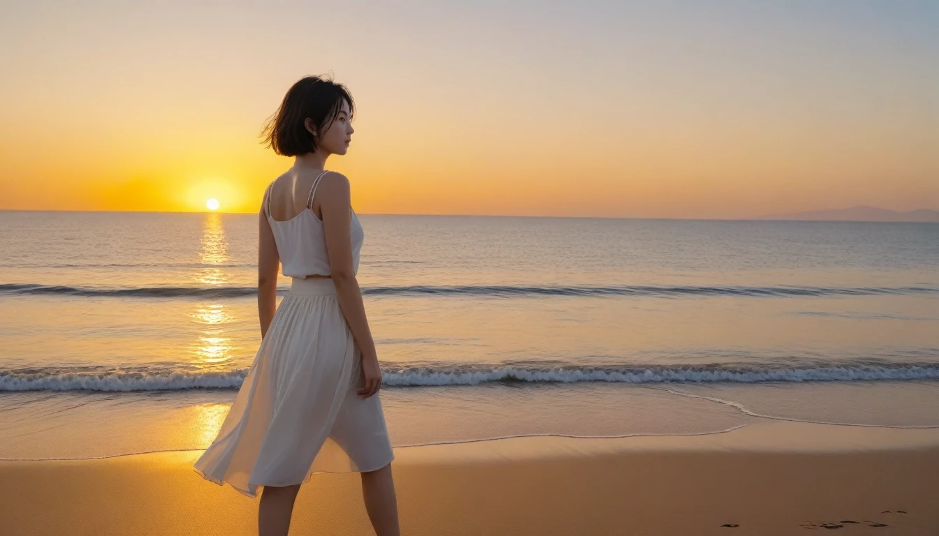 K Realistic, living photos, Realistic appearance of nature, , Woman looking at the sea at sunset. Walking in the distance with a wide angle lens , Side view of an Asian woman wearing a light skirt, burning sunset light, short medium hair