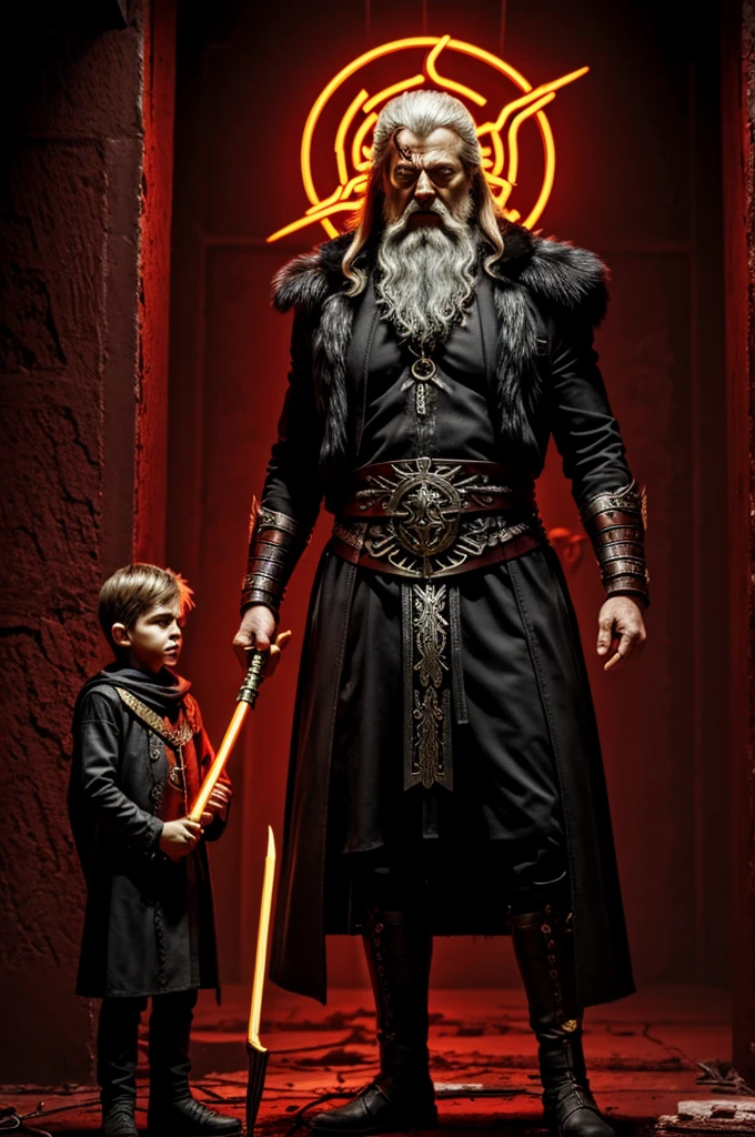 Odin, a god corrupted by evil murders his son, dark and bloody tatica, neon red and gold colors