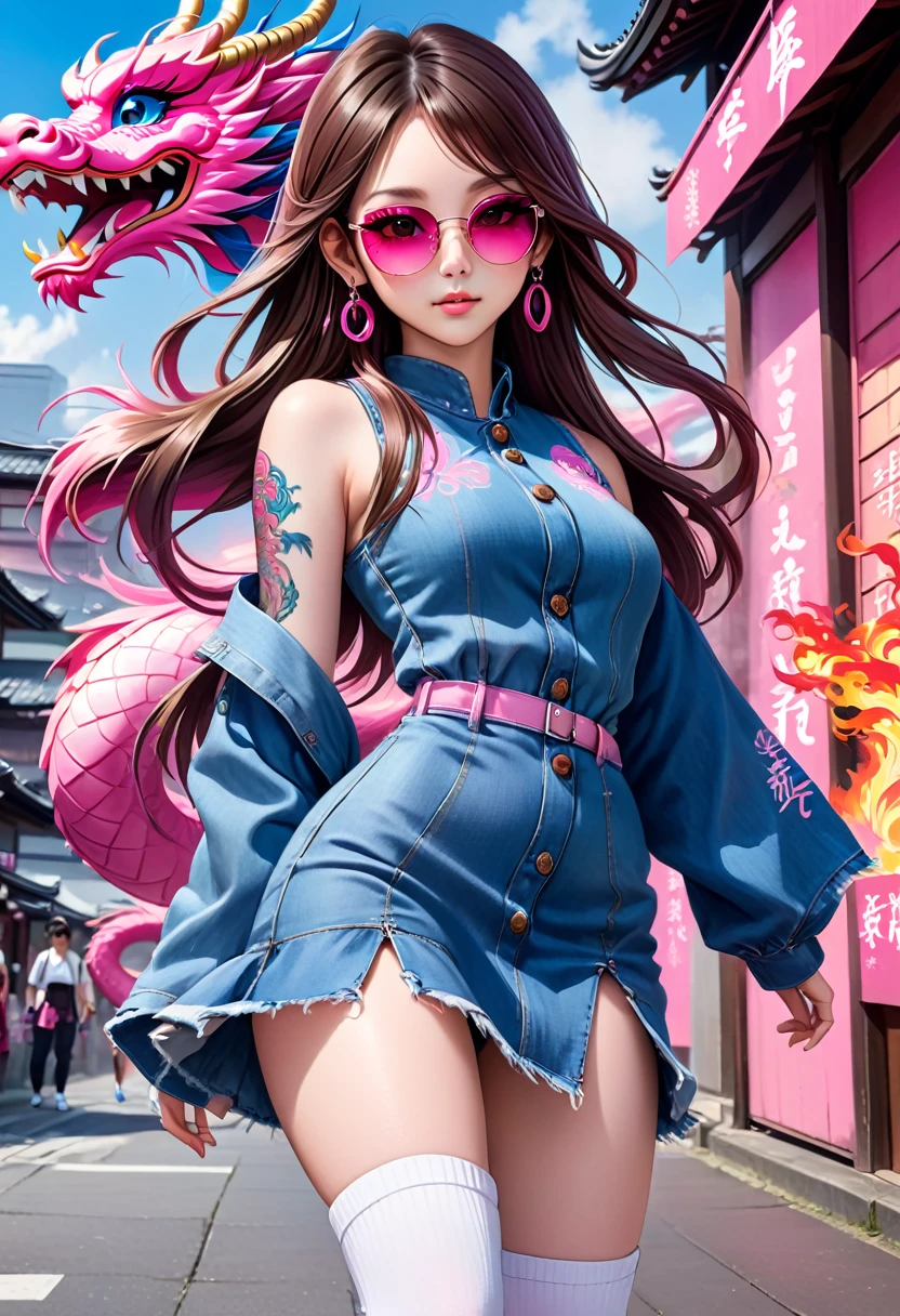 A characteristic Japanese girl, white skin, brown eyes, slanted eyes, striking simple makeup, long long hair: brown hair color with pink and blue highlights. She wears earrings. Wearing sunglasses with blue and pink color fire design lens. She has Japanese dragon tattoos on her arm, and phrases written in Japanese in pink colors. Wearing a pink cropped outfit, a denim dress with front buttons and ripped details on the sides and bottom. Wearing two pairs of white sneakers.