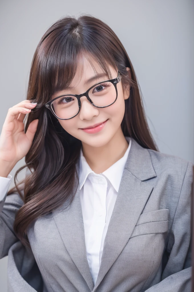 ((Best Quality, In 8K, Masterpiece :1.3))(Correctly generated eyes、Correctly generated hands) (Japanese girl professional photo)、 One girl、Esbian all over、double eyelid、 Loose and fluffy perm 、Glasses、 smile、The whole body is shown wearing a business suit、White background