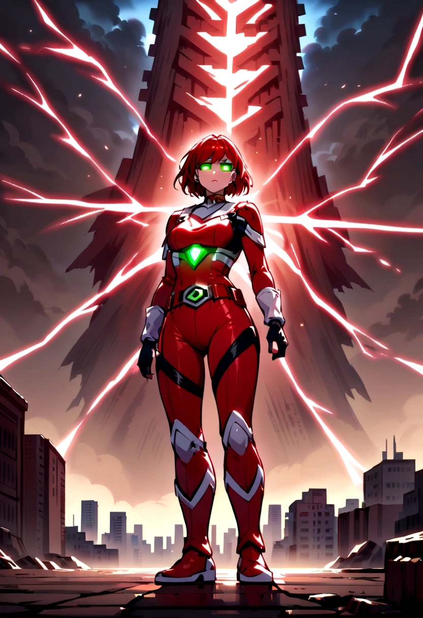 A character could be created with a design similar to the red Power Ranger with a devastated city behind