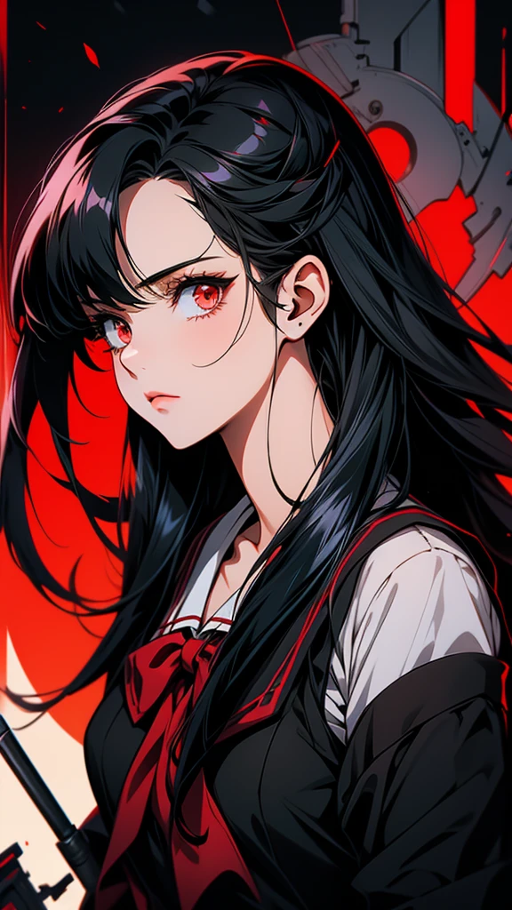 She has long black hair and a red ribbon、Anime girl holding a gun, gapmoe Yandere, Anime Moe Art Style, gapmoe Yandere grimdark, Kantai Collection Style, Girls&#39; Frontline style, Yandere, Yandere. expensive, from Girls&#39; Frontline, I also make fan art, portrait gapmoe Yandere grimdark, By Ren, Fine details. Girls&#39; Frontline