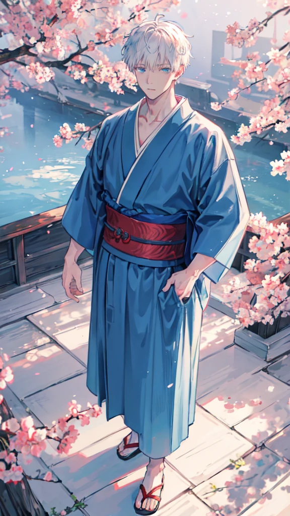 A HANDSOME, MANY, WHITE HAIRED MAN, WITH BLUE EYES, WEARING A RED KIMONO, NAMED "GOJO SATORU" IN A REALISTIC 4K-HDR VIEW, IS STANDING IN THE MIDDLE OF A BEAUTIFUL CITY, WITH A SPRING FEEL.