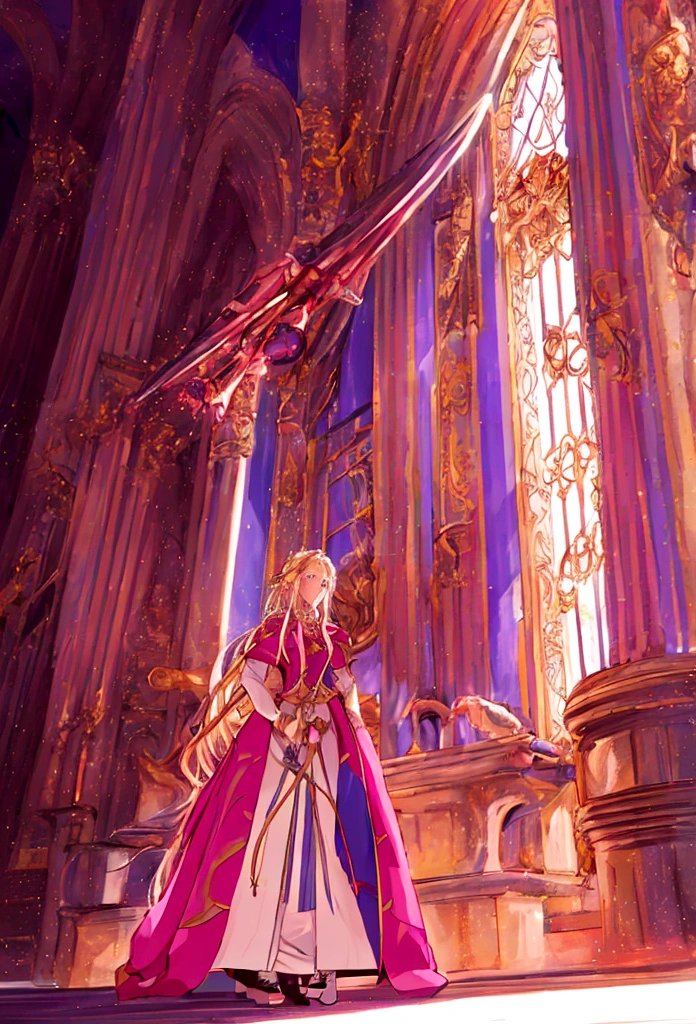 anime styling, best qualityer, White girl, long  hair, blonde hair with pink shine, princesselise, dress in colors: offwhite, pink and gold, holding a rapier, tails, Medieval theme, castle background scenery, blue colored eyes
