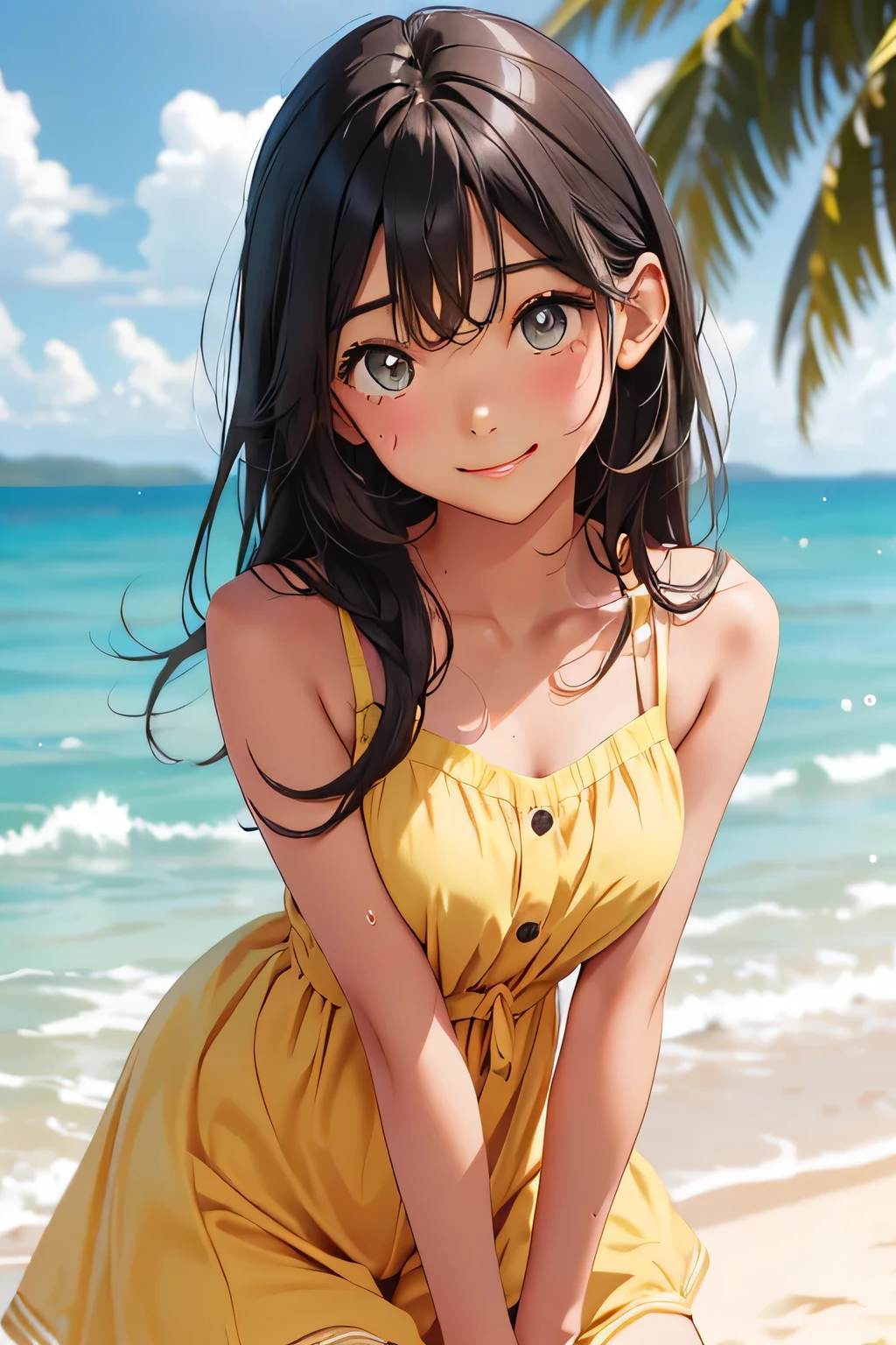 highest quality、Realistic、girl、Black Hair、Dark green eyes、Long Hair、Lemon Yellow Dress、Tanned dark skin、Tan Skin、Brown black skin、Chubby body、smile、Sweat、Ocean、Bust Shot