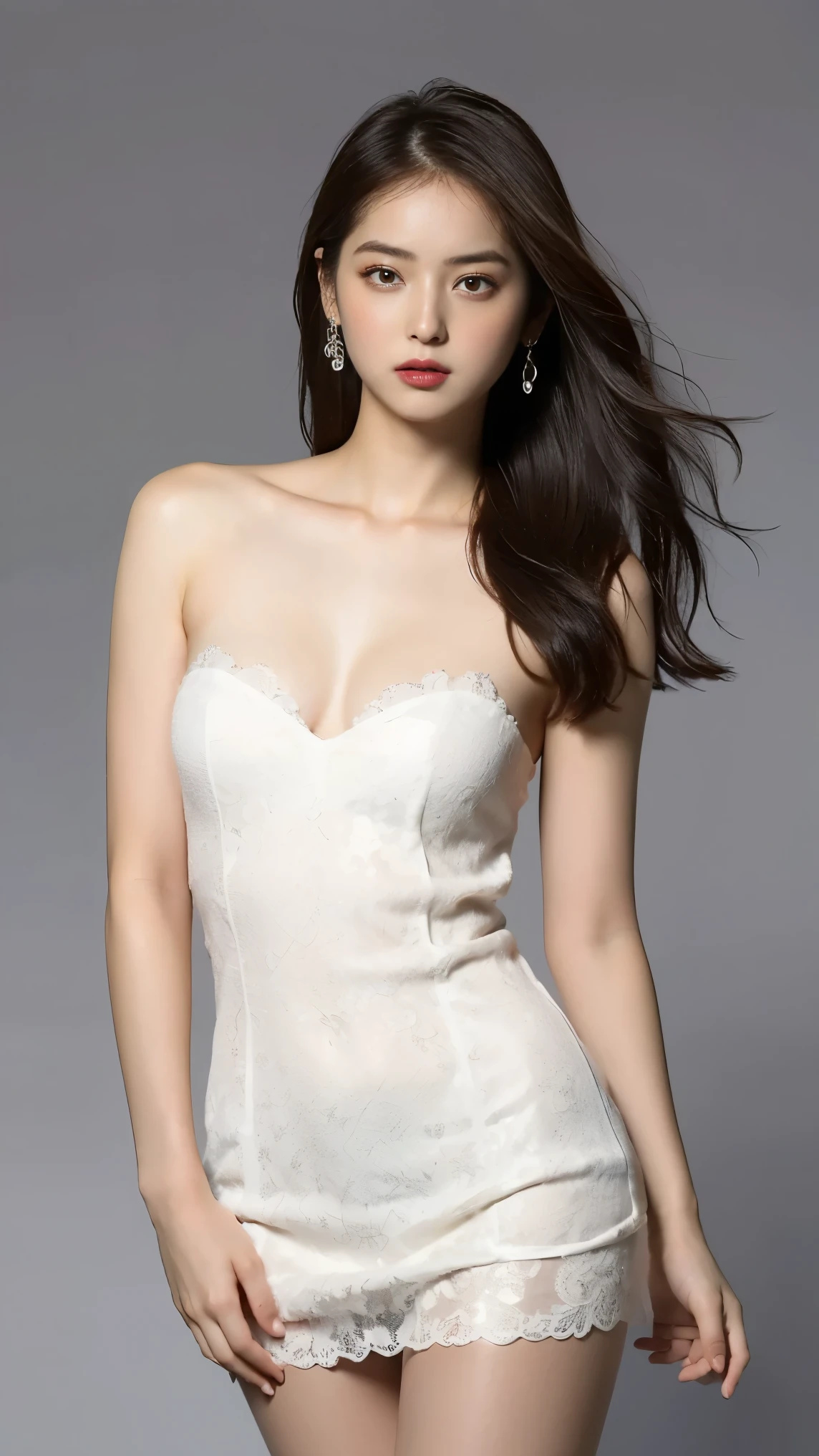 Highest quality,masterpiece,Ultra-high resolution,(Actual:1.4),Original photo,Ultra-high resolution，8K，There are also women，Fair skin、Sheer white lace mini dress，High heels，Long legs:1.5，Bright and beautiful，high waist，Flashy makeup using red eyeshadow，Gray background，