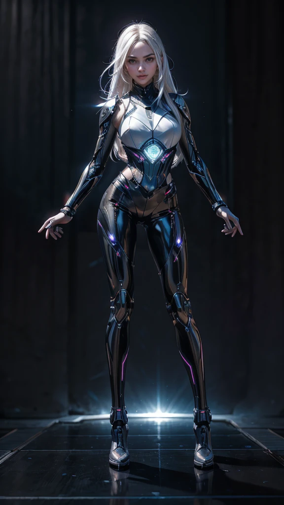 1girl, ultra realistic, ultra crisp, NVIDIA RTX, unreal engine, perfect slim body, realistic face, perfect face, realistic body, epic skin details, white hair, hair blown with strong winds, hyper rendering, ultra details, glowing eyes, purple eyes, blush, parted lips, cybernetic ear, cybernetic metalic hands, cybernetic metalic legs, luminous cybernetic futuristic metalic mechanical body, ultra realistic lights reflection details, ((full body shown)), from below, posing in the middle.