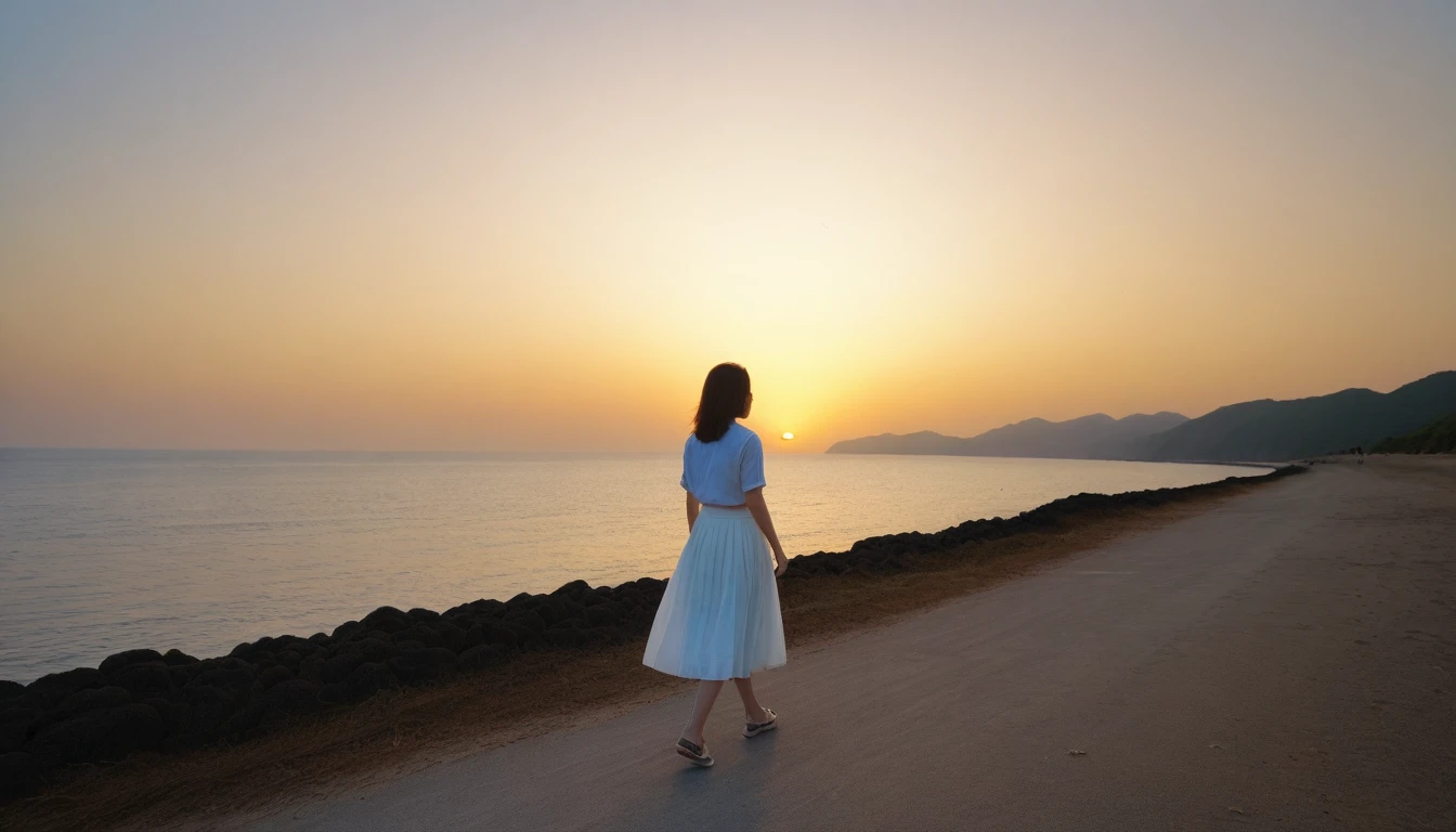 K Realistic, living photos, Realistic appearance of nature, , Woman looking at the sea at sunset. Walking in the distance with a wide angle lens , Side view of an Asian woman wearing a light skirt, burning sunset light, Preparing for short and medium hair