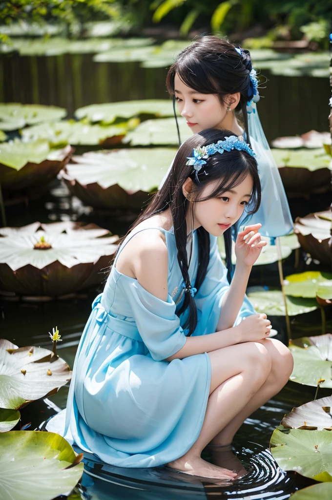 There is a blue dress, 16 long legs, Woman sitting on a rock in the water, Standing gracefully on a lotus flower, Heavenly Beauty, Wearing a blue Chinese dress, court, Girl in Hanfu, Wearing a blue Chinese dress, Summer is full of fairies, In the pond, White Hanfu, A surprisingly young and mysterious person, loose fitting dress, Light blue, Hair behind the ear  