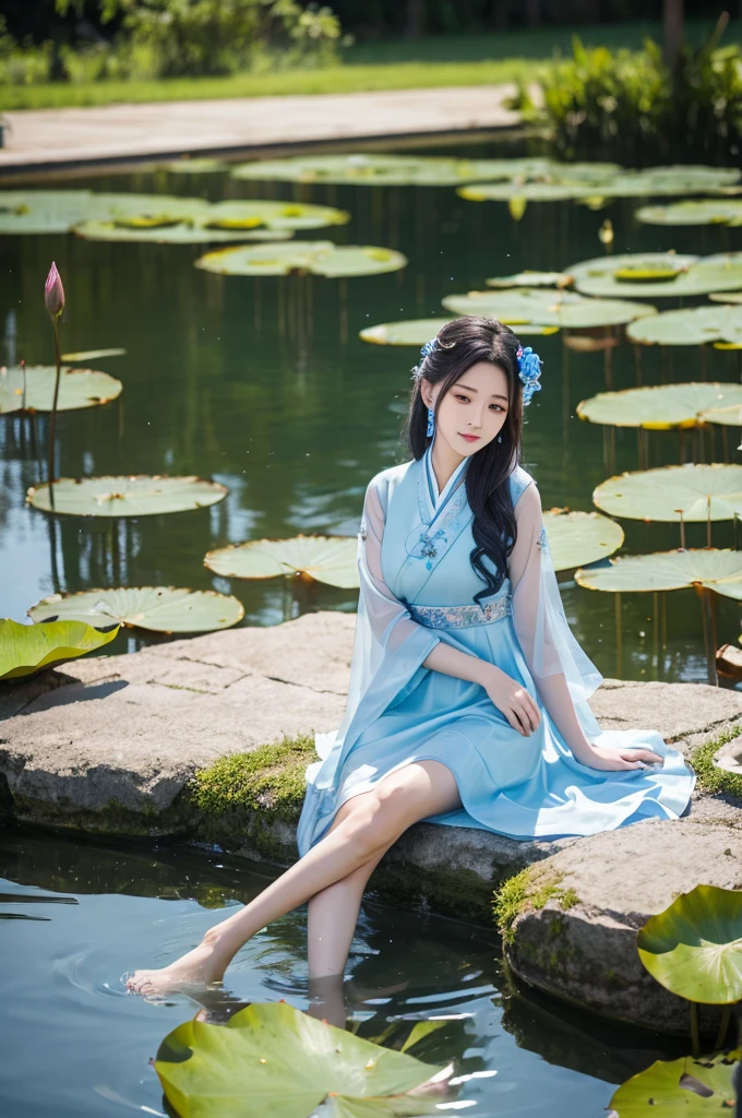 There is a blue dress, 16 long legs, Woman sitting on a rock in the water, Standing gracefully on a lotus flower, Heavenly Beauty, Wearing a blue Chinese dress, court, Girl in Hanfu, Wearing a blue Chinese dress, Summer is full of fairies, In the pond, White Hanfu, A surprisingly young and mysterious person, loose fitting dress, Light blue, Hair behind the ear  