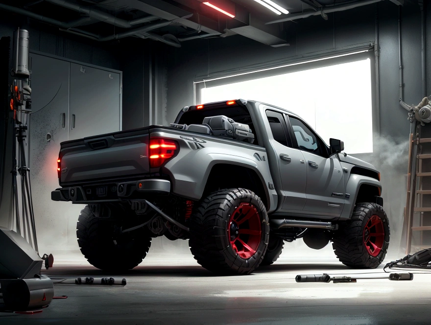 Create a concept image of a futuristic pickup truck in a professional photography studio. The vehicle should embody cutting-edge design elements, with a sleek, angular silhouette that suggests innovation and performance. highlighting the red color, Capture the truck from a dynamic angle that highlights its robust structure and advanced features, such as LED lighting, retractable loading cover, and smart cargo system. The lighting should be dramatic yet balanced, casting crisp shadows that define the truck's contours and emphasize the glossiness of its metallic paint job. The background should be a clean, neutral gray that complements the truck's color without competing for attention. Ensure the studio environment is evident, with subtle indications of the camera gear and equipment that convey a sense of professional craftsmanship.
