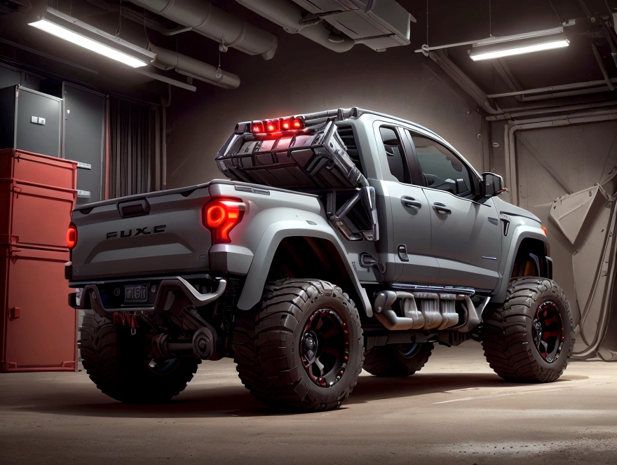 Create a concept image of a futuristic pickup truck in a professional photography studio. The vehicle should embody cutting-edge design elements, with a sleek, angular silhouette that suggests innovation and performance. highlighting the red color, Capture the truck from a dynamic angle that highlights its robust structure and advanced features, such as LED lighting, retractable loading cover, and smart cargo system. The lighting should be dramatic yet balanced, casting crisp shadows that define the truck's contours and emphasize the glossiness of its metallic paint job. The background should be a clean, neutral gray that complements the truck's color without competing for attention. Ensure the studio environment is evident, with subtle indications of the camera gear and equipment that convey a sense of professional craftsmanship.
