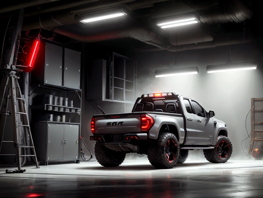 Create a concept image of a futuristic pickup truck in a professional photography studio. The vehicle should embody cutting-edge design elements, with a sleek, angular silhouette that suggests innovation and performance. highlighting the red color, Capture the truck from a dynamic angle that highlights its robust structure and advanced features, such as LED lighting, retractable loading cover, and smart cargo system. The lighting should be dramatic yet balanced, casting crisp shadows that define the truck's contours and emphasize the glossiness of its metallic paint job. The background should be a clean, neutral gray that complements the truck's color without competing for attention. Ensure the studio environment is evident, with subtle indications of the camera gear and equipment that convey a sense of professional craftsmanship.
