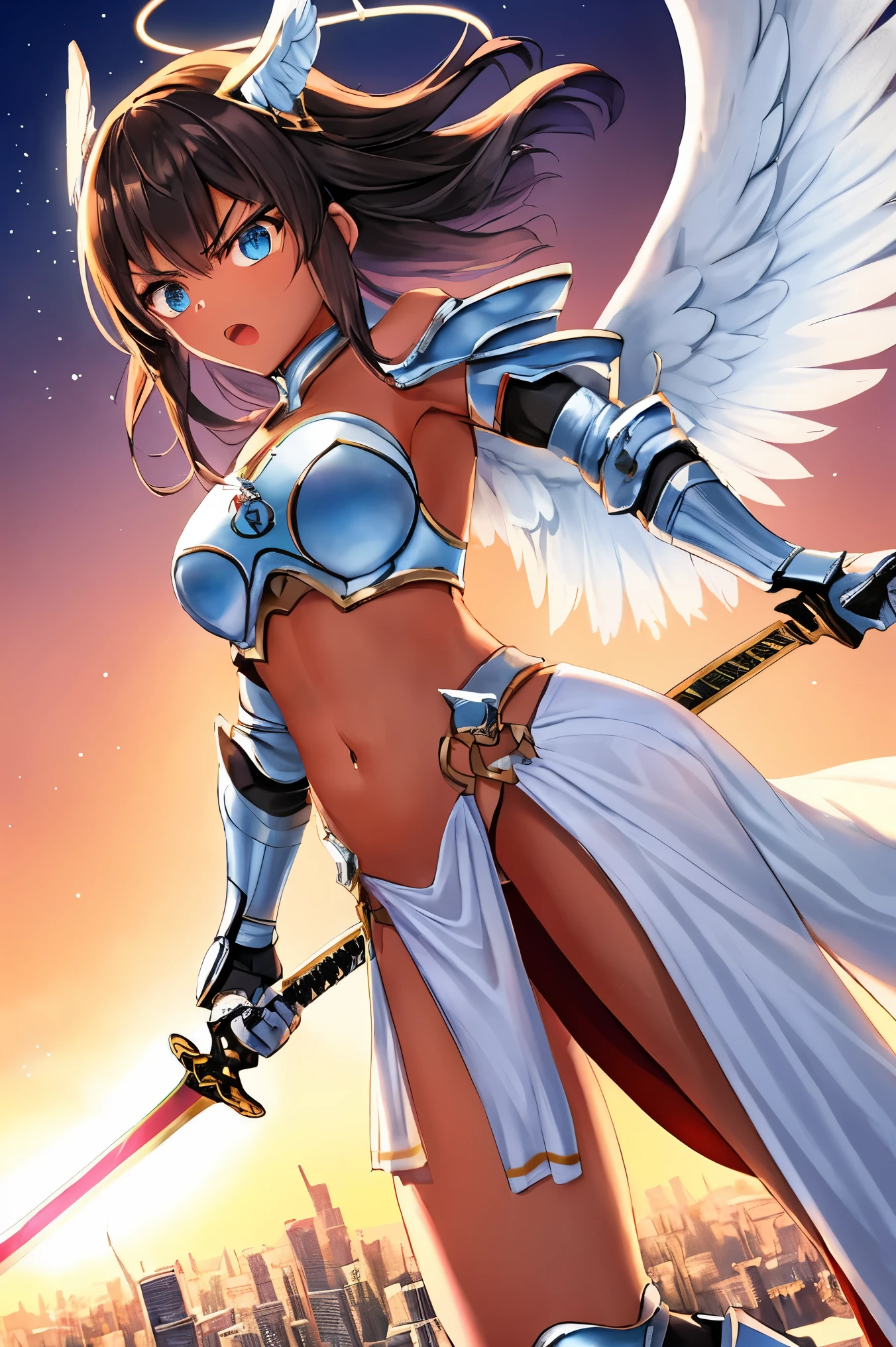 fantasy, 1angel_girl, low_teen, dark_brown_hair,long_bangs, (dark_skin)+, bare_shoulder, navel out, thighhighs,silver_shiny_armor, white_clothes,waist_armor, Glebe, hold_swords_emits_light, medium_breasts, dynamic_flying_pose,Floating, (1pair_white_wings:1.2),(pelvic_curtain:1.3), silver_Headgear ,looking_down_at_sunset_city_sky_background,,slightly_spread_legs, some_swords_emits_light,some_swords_emits_light_floating_around_the_girl,solo,glare_halo,angry,shout,open_mouth,open_legs,open_arms,rise_knee,rise_leg,rise_thigh,rise_leg,forward_leaning_posture,apart_legs,