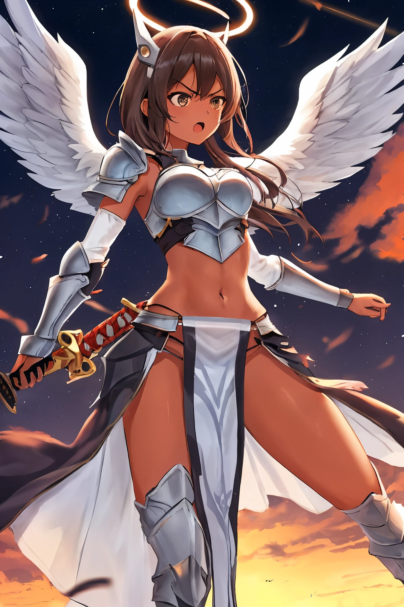 fantasy, 1angel_girl, low_teen, dark_brown_hair,long_bangs, (dark_skin)+, bare_shoulder, navel out, thighhighs,silver_shiny_armor, white_clothes,waist_armor, Glebe, hold_swords_emits_light, medium_breasts, dynamic_flying_pose,Floating, (1pair_white_wings:1.2),(pelvic_curtain:1.3), silver_Headgear ,looking_down_at_sunset_city_sky_background,,slightly_spread_legs, some_swords_emits_light,some_swords_emits_light_floating_around_the_girl,solo,glare_halo,angry,shout,open_mouth,open_legs,open_arms,rise_knee,rise_leg,rise_thigh,rise_leg,forward_leaning_posture,apart_legs,