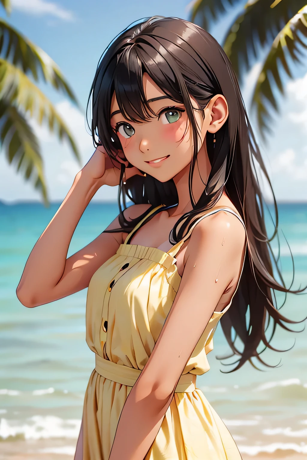 highest quality、Realistic、girl、Black Hair、Dark green eyes、Long Hair、Lemon Yellow Dress、Tanned dark skin、Tan Skin、Brown black skin、Chubby body、smile、Sweat、Ocean、Bust Shot