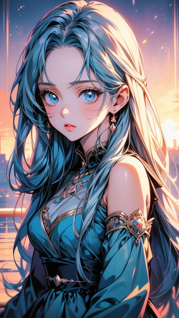 Anime Girls with long hair and blue eyes wearing a blue dress, Anime Moe Art Style, Beautiful anime portraits, Anime Girls, portrait Anime Girls, cute Anime Girls portrait, cute Anime Girls, detailed portrait of Anime Girls, Beautiful and detailed anime art, Cute girl anime visuals, pretty Anime Girls, (Anime Girls), Anime Girls portrait, portrait of an Anime Girls