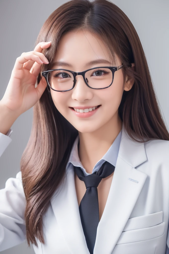 ((Best Quality, In 8K, Masterpiece :1.3))(Correctly generated eyes、Correctly generated hands) (Japanese girl professional photo)、 One girl、Esbian all over、double eyelid、 Loose and fluffy perm 、Glasses、 smile、The whole body is shown wearing a business suit、White background