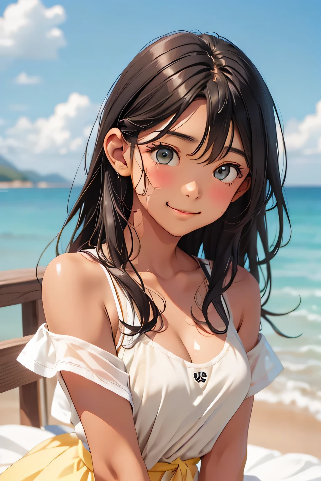 highest quality、Realistic、girl、Black Hair、Dark green eyes、Long Hair、Lemon Yellow Dress、Tanned dark skin、Tan Skin、Brown black skin、Chubby body、smile、Sweat、Ocean、Bust Shot