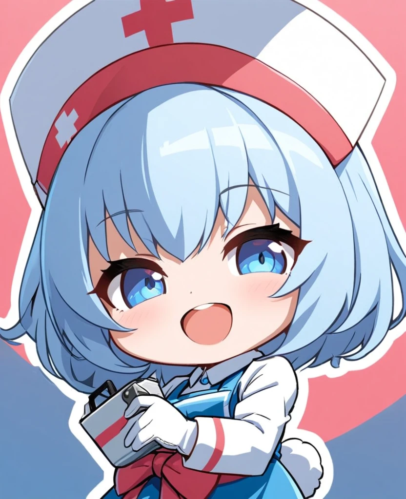 Chibi,1girl,
Solo,sigewinnedef, rabbit ears, rabbit tail, nurse cap,light blue hair,blue dress, red bow, apron, long sleeves, white gloves, shorts,happy smile,upper body,close up,sigewinnedef, rabbit ears, rabbit tail, nurse cap, dress, red bow, apron, long sleeves, white gloves, shorts,AddXL,smile,opan mouth