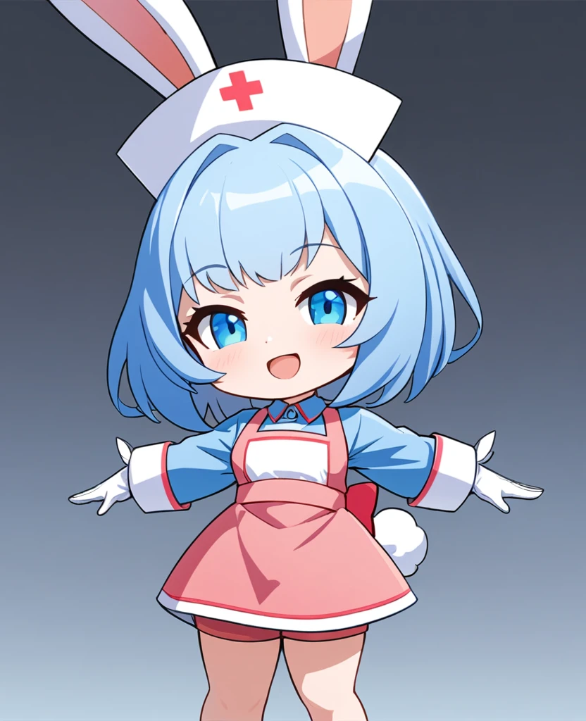Chibi,1girl,
Solo,sigewinnedef, rabbit ears, rabbit tail, nurse cap,light blue hair,blue dress, red bow, apron, long sleeves, white gloves, shorts,happy smile,upper body,close up,sigewinnedef, rabbit ears, rabbit tail, nurse cap, dress, red bow, apron, long sleeves, white gloves, shorts,AddXL,smile,opan mouth