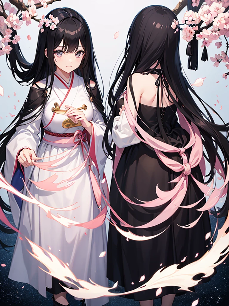 best quality, character design sheet, adult woman、No hat on, Black and pink hair, whole body, Head to Toe, Fortuneteller、Standing facing forward, Beautiful black dress, long Black Hair, Pure white background, from front, best quality, Cherry blossom pattern、Japanese、Adult Japanese、Clear eyes、Standing facing forward、The face is facing forward、holding a magic card in hand、White background、Smiling face、Black western dress、Neutral face、Black hair with pink inner color