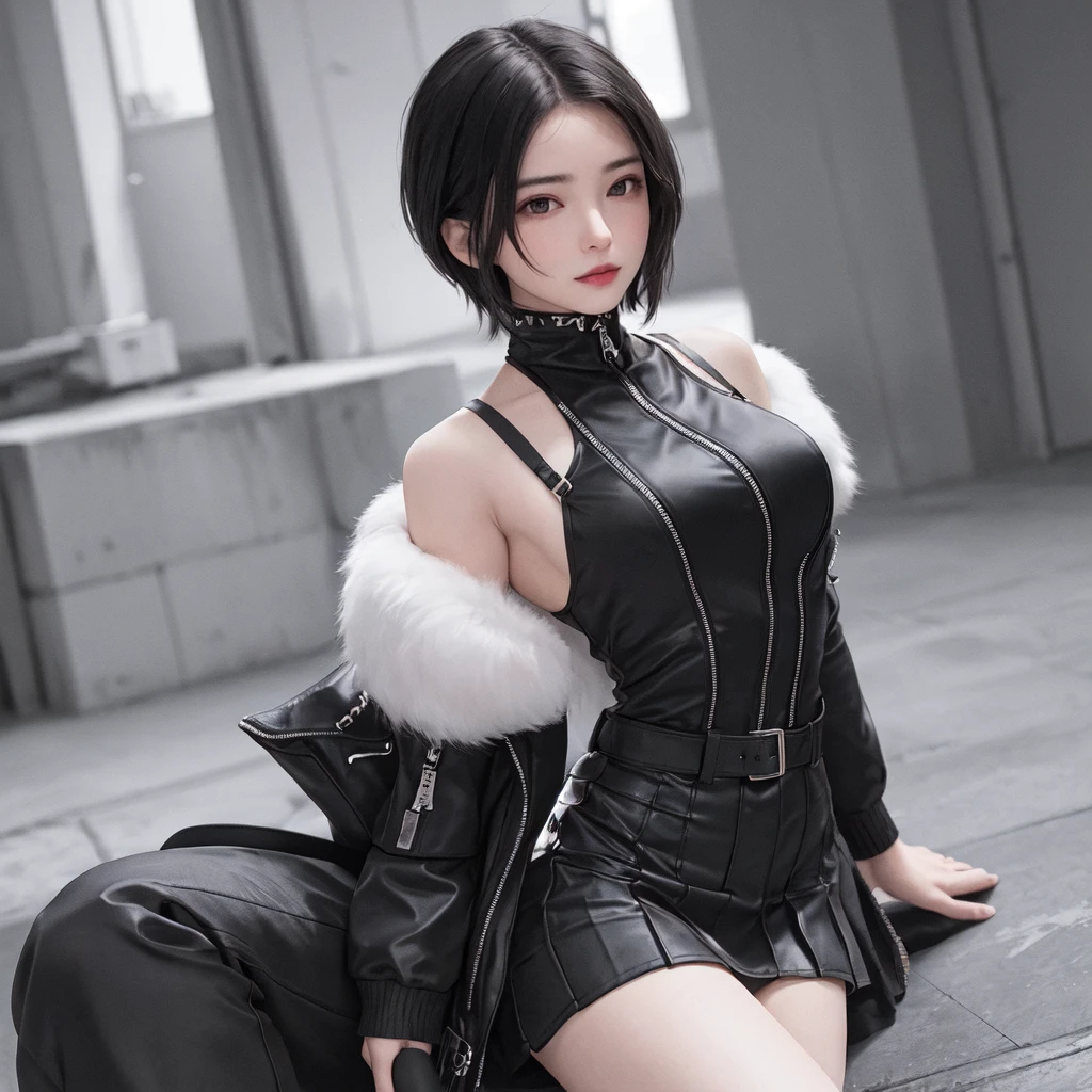 (best quality), masterpiece, Extremely detailed CG8K painting, high color, Extremely high color saturation, All colors are deepened, central composition, Extremely detailed light and shadow, The face and eyes are very detailed, medium length hair, sportswear, colorful clouds,beautiful nature,landscape,short black hair,white spaghetti strap dress,black hair,short hair,Punk style clothing,Black thin shoulder strap vest,Black skirt,Black small jacket,black knee socks,Medium breasts