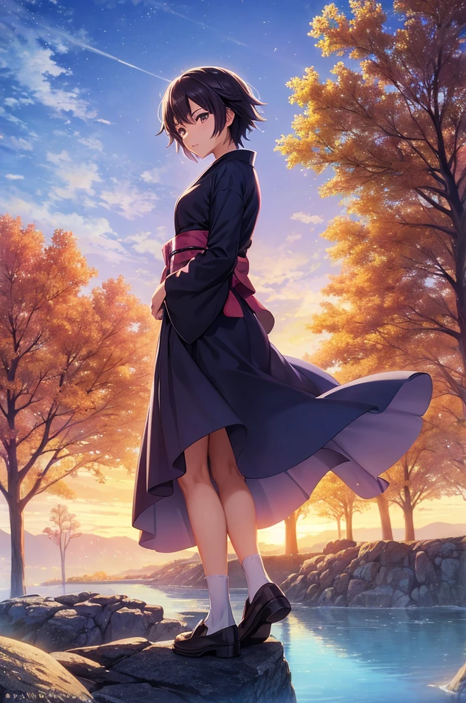 Japanese age boy in Tokyo and japanese girl in rural Japanese standing on a rock looking at the vibrant twilight sky. Cosmic Skies, by makoto shinkai, makoto shinkai cyril rolando, beautiful anime scene, anime sky, anime art wallpaper 4 k, anime art wallpaper 4k, anime art wallpaper 8 k, anime beautiful peace scene, in style of makoto shinkai, 4k anime wallpaper.