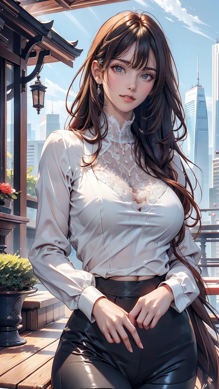 24-year-old woman、Sexy proportions、Narrow waist、slender、Sexy、Multi-colored hair、High neck lace blouse、Long sleeves(Covered to the fingertips)、Longer length、Low rise leggings、Touching your hair、Background of skyscrapers so tall you can look up