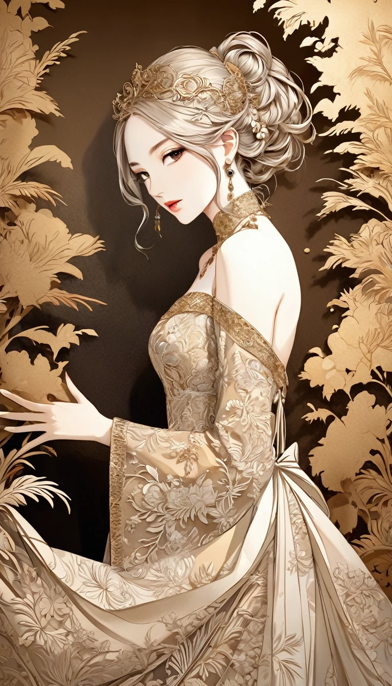 artwork with vibrant colors and monochrome backgrounds, best quality, super fine, 16k, 2.5D, delicate and dynamic depiction, beautiful woman, silver half-up hair, attractive and seductive expression, glamorous slender body, Northern Renaissance, long evening dress made of lace with gold embroidery, accessories, elegant effects, fusion of watercolors and oil paintings, fusion of paper cutting and shadow puppetry, detailed decorated backgrounds, textures on sepia tones