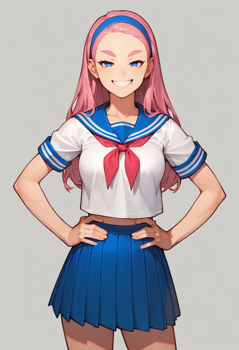 score_9, score_8_up, score_7_up, 1girl, Laura la Mer, pink hair, blue eyes, pink eyebrows, long hair, blue hairband, smile, smug, half closed eyes, looking at viewer, hands on hips, , serafuku, blue skirt, standing, simple background, solo, short sleeves,