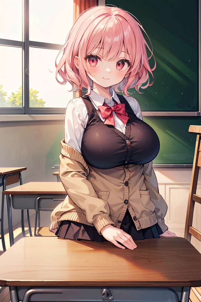 Fantasy,((Masterpiece)),((high resolution)),((Best Quality)),Anime illustration,(((1girl))),,(wavy hair),(short hair),(pale pink hair color),small ponytail,Red eyes,(Big round eyes),((tareme)),,((loli face)),ry big breasts)),Short stature,Young,,,cardigan,mini skirt,smile,Ladylike,classroom,
