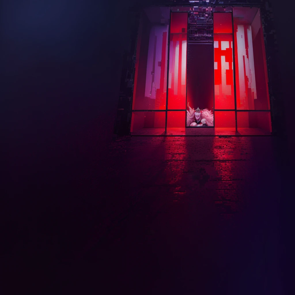 There is a red light on in the room, Queen in a glass prison, Width, Pixel textures, Queer, the red Queen, Pixel megascan, Queen, stacked image, website Width, On a dark background, Pixel, Quantum dot light emitting diodes, Red and lights, Sharing photo, Rendering on Octane, killer Queen