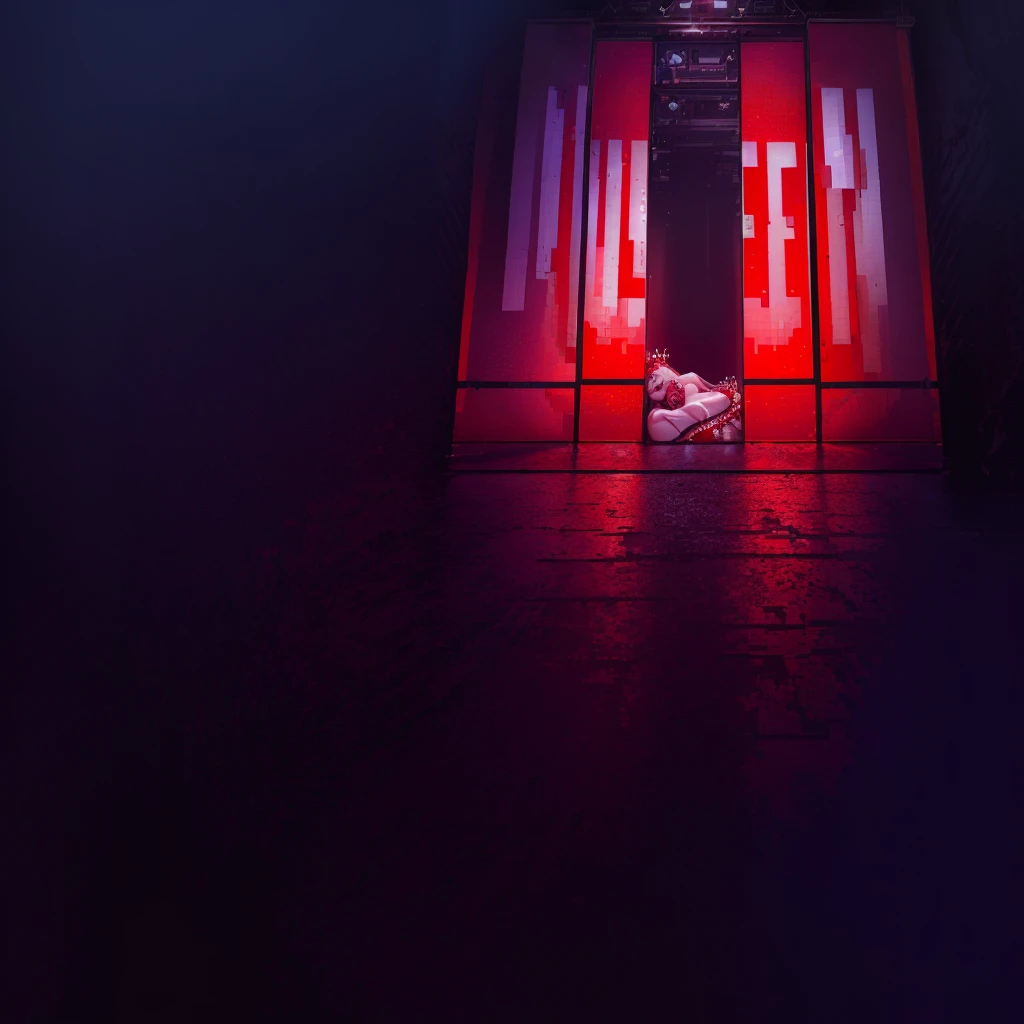 There is a red light on in the room, Queen in a glass prison, Width, Pixel textures, Queer, the red Queen, Pixel megascan, Queen, stacked image, website Width, On a dark background, Pixel, Quantum dot light emitting diodes, Red and lights, Sharing photo, Rendering on Octane, killer Queen