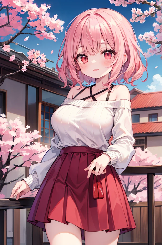 ((Masterpiece)),((high resolution)),((Best Quality)),Anime illustration,(((1girl))),,(wavy hair),(short hair),(pale pink hair color),small ponytail,Red eyes,(Big round eyes),((tareme)),15 years old,((loli face)),((very big breasts)),Short stature,,Off-the-shoulder sweater,(long maxi skirt),smile,Ladylike,cherry blossoms,