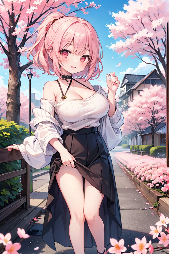 ((Masterpiece)),((high resolution)),((Best Quality)),Anime illustration,(((1girl))),,(wavy hair),(short hair),(pale pink hair color),small ponytail,Red eyes,(Big round eyes),((tareme)),15 years old,((loli face)),((very big breasts)),Short stature,,Off-the-shoulder sweater,(long maxi skirt),smile,Ladylike,cherry blossoms,