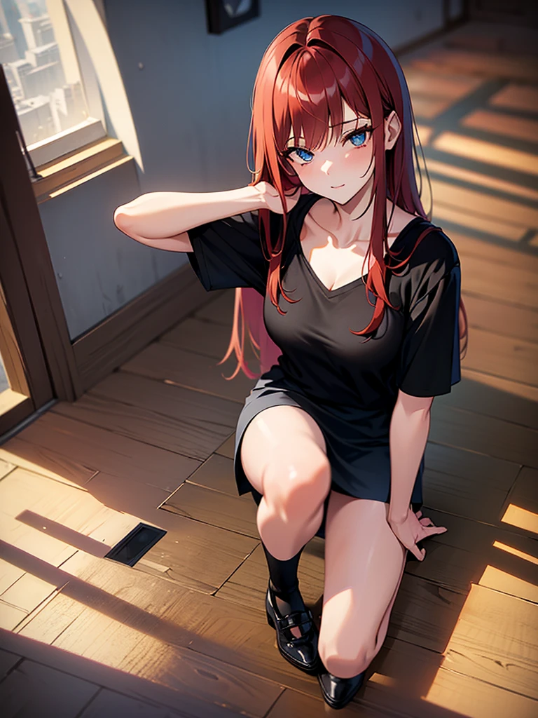 sexy young girl, long haired redhead with blue eyes, short black skirt, sexy short shirt, medium breasts, on knees, pose on knees, view from above, view above