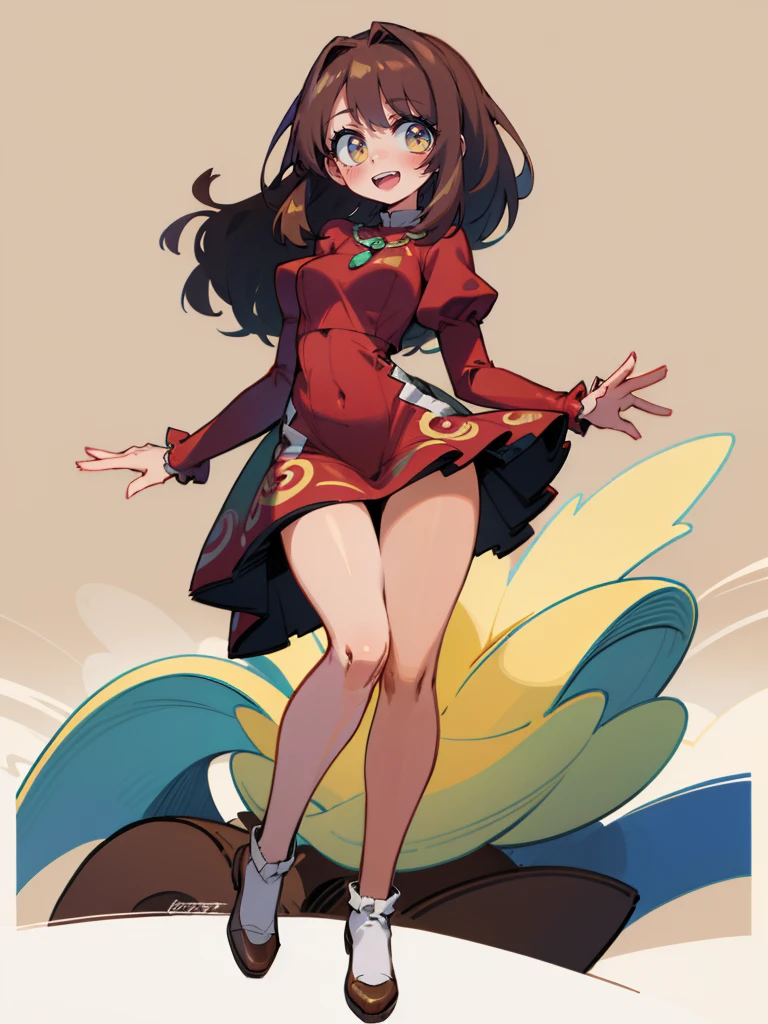 woman, solo, (masterpiece), best quality, ultra-detailed, curvy, red dress with puffy red sleeves, caramel-brown skin, tan skin, long and wavy brown hair, bright green eyes, style, full body. simple red dress. happy, smiling, thigh-length hair, woman.