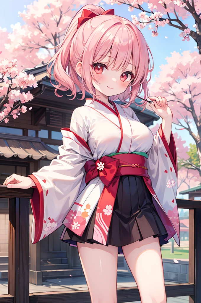 ((Masterpiece)),((high resolution)),((Best Quality)),Anime illustration,(((1girl))),,(wavy hair),(short hair),(pale pink hair color),small ponytail,Red eyes,(Big round eyes),((tareme)),15 years old,((loli face)),((very big breasts)),Short stature,,kimono,mini skirt,smile,Ladylike,cherry blossoms,