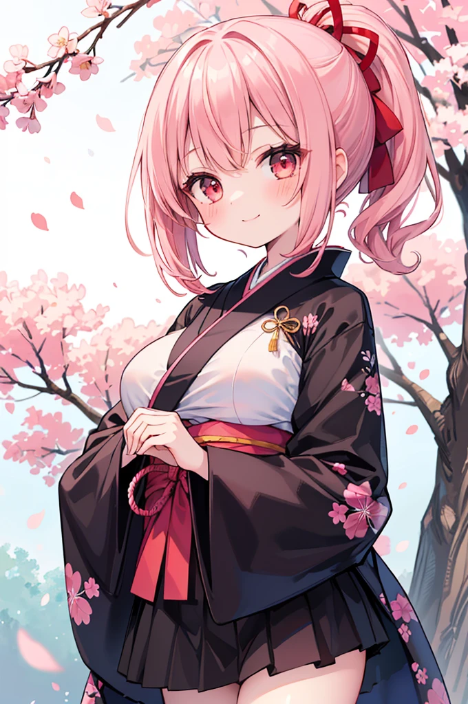 ((Masterpiece)),((high resolution)),((Best Quality)),Anime illustration,(((1girl))),,(wavy hair),(short hair),(pale pink hair color),small ponytail,Red eyes,(Big round eyes),((tareme)),,((loli face)),ry big breasts)),Short stature,,kimono,mini skirt,smile,Ladylike,cherry blossoms,