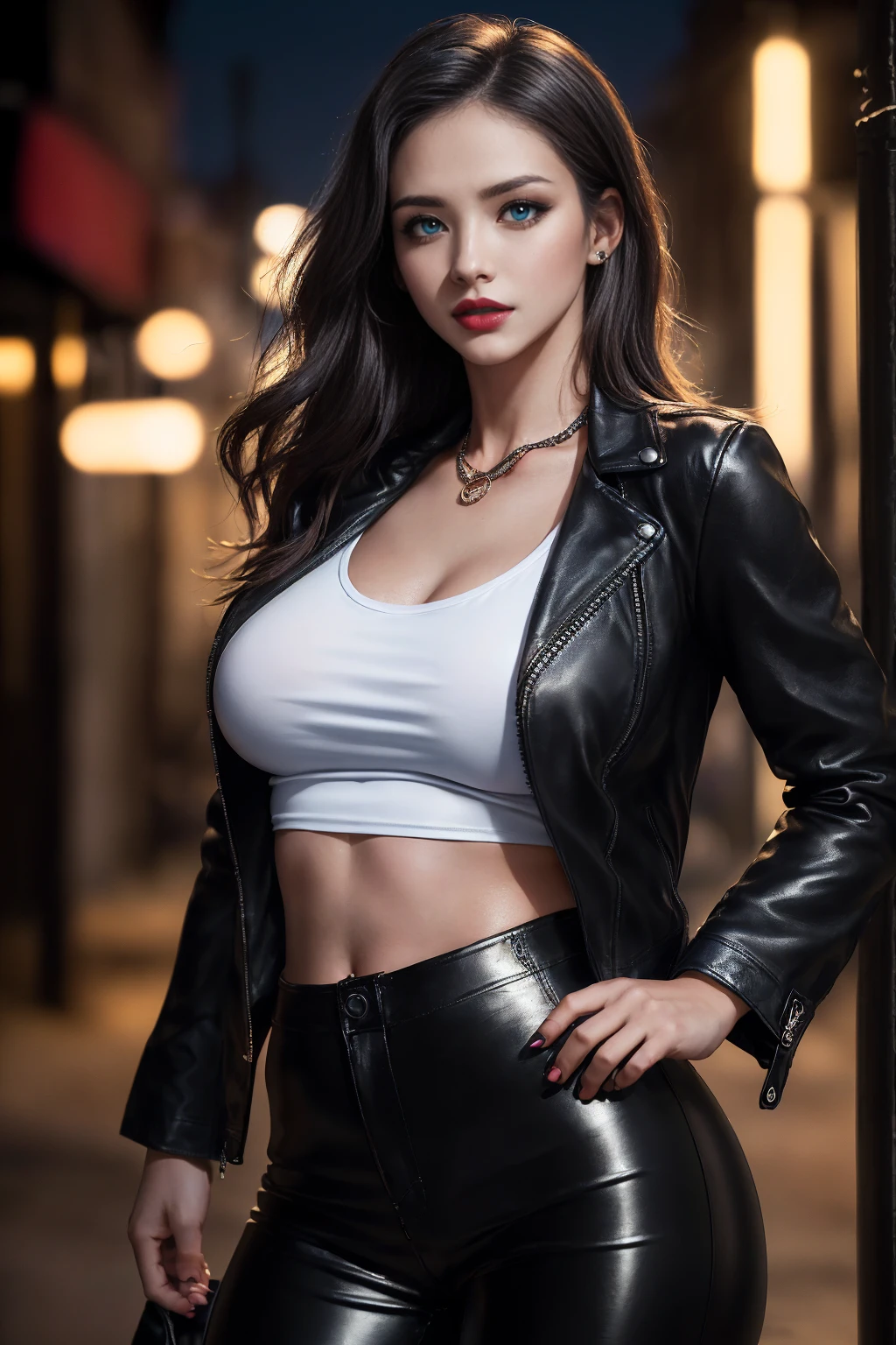 Professional full-length photo, betterе высшее quality, Super detailed, (betterе quality, 8 k, A high resolution, (glowing skin:1.5), ((Detailed blue eyes, detailed eyes, High quality eyes, black eyeliner, black eye shadow, face-makeup, Gorgeous young beauty, sexy 18 year old girl in full height, painted lips in dark red color, (wide hips, big ass), ((big breasts:1.2)), Dark brown wavy long hair, A frown on his face, (seductive passionate look), wear a black leather jacket, Black Leather Long Pants, White tight t-shirt, black blazer with low neckline))), (very sophisticated jacket), thigh-high leather long boots, (sexy pose), smile, Highly detailed face and skin textures, (masterpiece:1.5), realistic, (better_quality:1.5), (((hips))) ultra detailed, (realistic,photorealistic,photo-realistic:1.37), dark colors, whole body pose, in the dark city at night