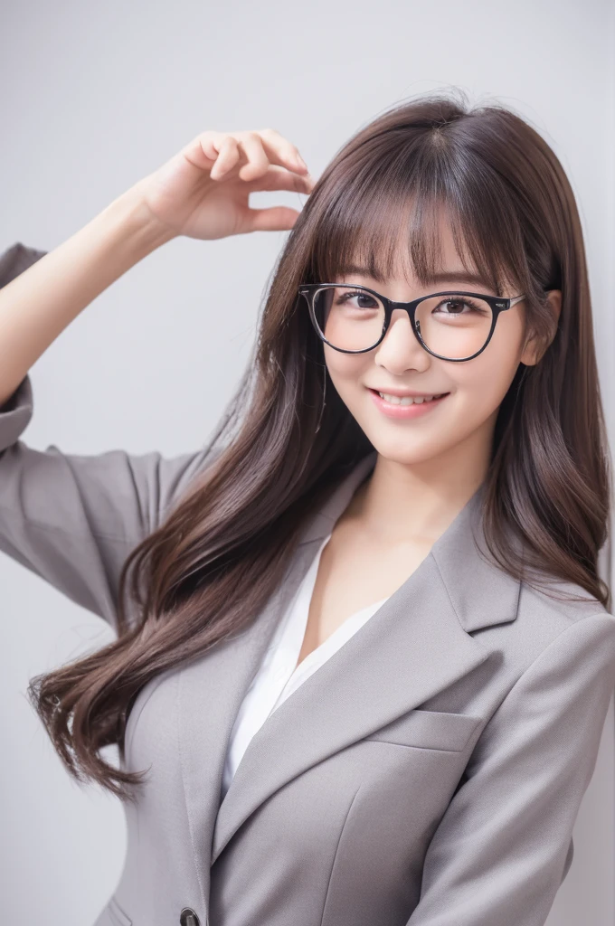((Best Quality, In 8K, Masterpiece :1.3))(Correctly generated eyes、Correctly generated hands) (Japanese girl professional photo)、 One girl、Esbian all over、double eyelid、 Loose and fluffy perm 、Glasses、 smile、The whole body is shown wearing a business suit、White background