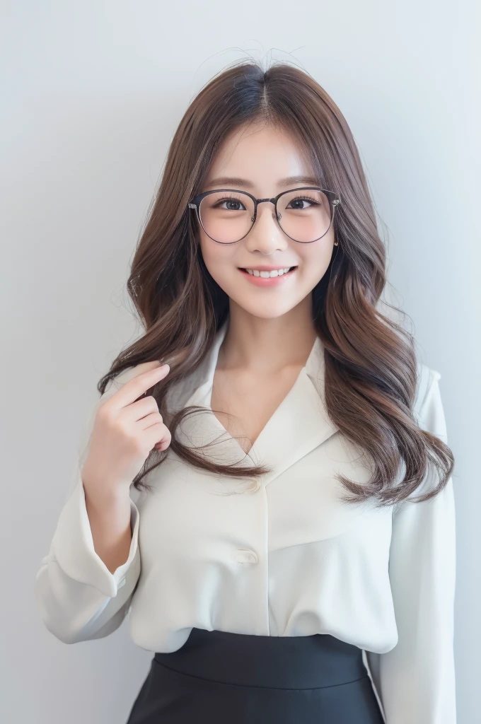 ((Best Quality, In 8K, Masterpiece :1.3))(Correctly generated eyes、Correctly generated hands) (Japanese girl professional photo)、 One girl、Esbian all over、double eyelid、 Loose and fluffy perm 、Glasses、 smile、The whole body is shown wearing a business suit、White background