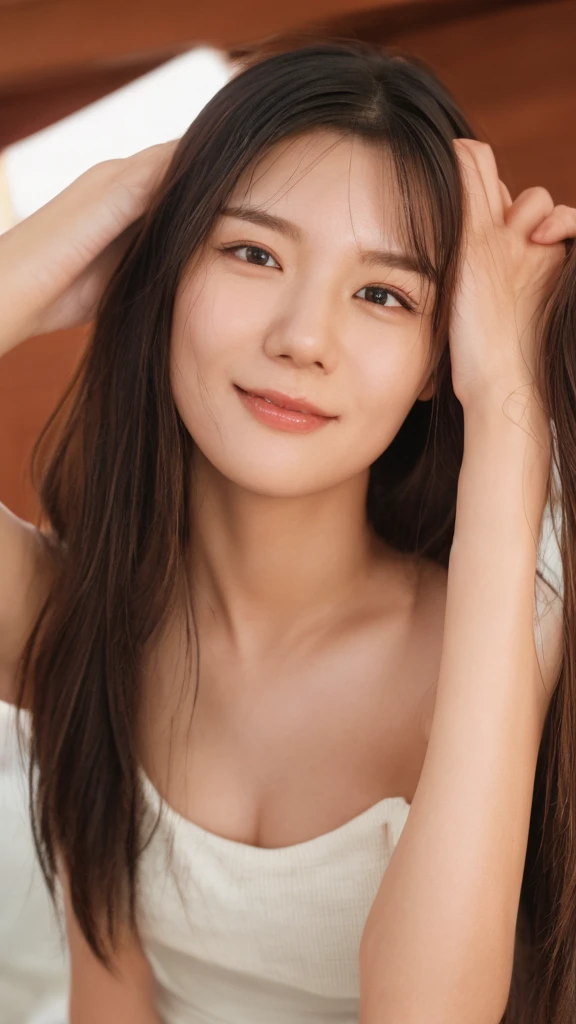 (((smile、Focus on the eyes:1.1、Extremely detailed:1.22、Ultra-high resolution、masterpiece:1.45、Highest quality)))、((((Whole body expression:1.68、camisole、Leaning forward、One person))))、long, straight black hair、So that every single hair is clearly visible、The subtle color changes of hair depending on how the light hits it、 Skin has a natural glow、Fine skin texture、Representing the fine details of pores:1.25、Details of the light redness on the forehead and cheeks、(((Eyes with fine iris details、The eyes depict color gradations and patterns.、Long, natural-looking eyelashes, each and every one visible、Well-groomed eyebrows、眉毛のindivual々The hair is clearly visible、Light reflecting off into the eye、The light in the eyes creates small highlights)))、The nose is delicate、Fine detail on the nostrils、Lips are plump and naturally pink、Depicts the fine lines and soft curves of the lips、lips are shiny and、The gloss on your lips accentuates their shape.、(((Detailed depiction of lip texture、Particular attention to the depiction of light and shadow、Soft natural light gently illuminates the face from the front、A faint glow on the forehead、A slight shine on the nose、A slight glow on the cheeks、Shadows are cast softly along the contours of the face、Accentuate the sides of your cheekbones、Accentuate the sides of the jawline、Emphasize the sides of the nose、The gloss on her lips reflects the light faintly、Lips emphasize the plump texture、The shadow of the hair gives depth and dimension、indivual々The hair shines in the light、