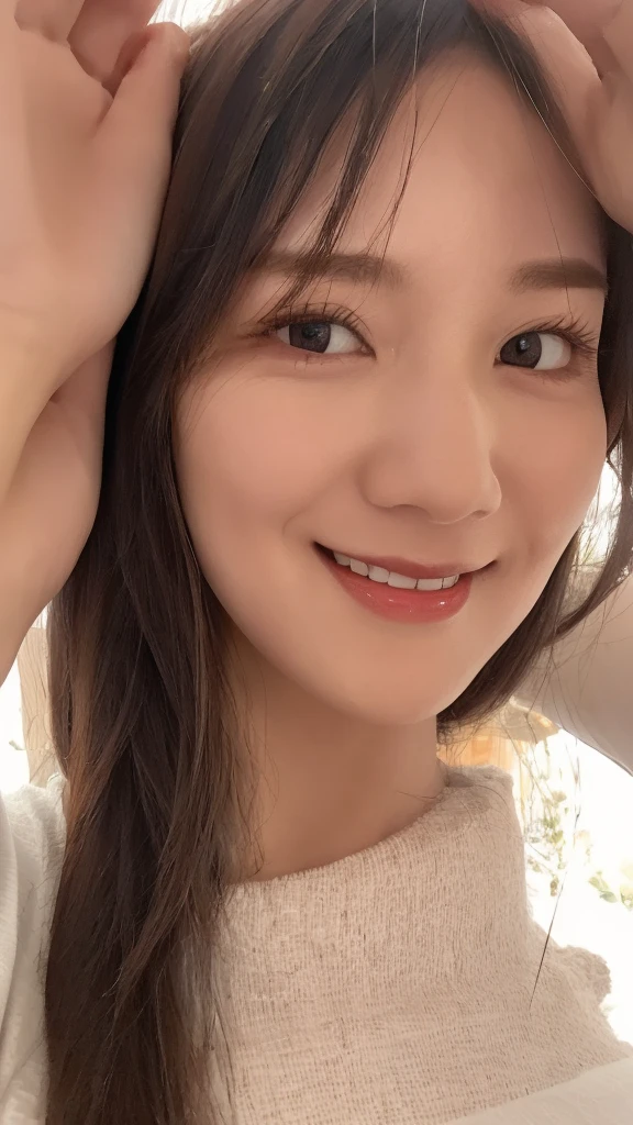 (((smile、Focus on the eyes:1.1、Extremely detailed:1.22、Ultra-high resolution、masterpiece:1.45、Highest quality)))、((((Whole body expression:1.68、camisole、Leaning forward、One person))))、long, straight black hair、So that every single hair is clearly visible、The subtle color changes of hair depending on how the light hits it、 Skin has a natural glow、Fine skin texture、Representing the fine details of pores:1.25、Details of the light redness on the forehead and cheeks、(((Eyes with fine iris details、The eyes depict color gradations and patterns.、Long, natural-looking eyelashes, each and every one visible、Well-groomed eyebrows、眉毛のindivual々The hair is clearly visible、Light reflecting off into the eye、The light in the eyes creates small highlights)))、The nose is delicate、Fine detail on the nostrils、Lips are plump and naturally pink、Depicts the fine lines and soft curves of the lips、lips are shiny and、The gloss on your lips accentuates their shape.、(((Detailed depiction of lip texture、Particular attention to the depiction of light and shadow、Soft natural light gently illuminates the face from the front、A faint glow on the forehead、A slight shine on the nose、A slight glow on the cheeks、Shadows are cast softly along the contours of the face、Accentuate the sides of your cheekbones、Accentuate the sides of the jawline、Emphasize the sides of the nose、The gloss on her lips reflects the light faintly、Lips emphasize the plump texture、The shadow of the hair gives depth and dimension、indivual々The hair shines in the light、