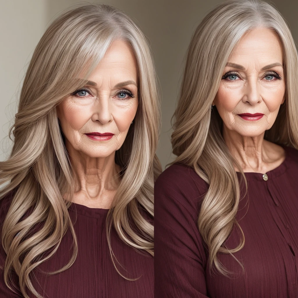 70 year old woman with long dark dyed blonde hair and dark reddish lips
